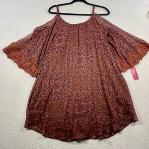 Xhilaration Women Dress Rust Geometric Lace Cold Shoulder Medium Boho Summer